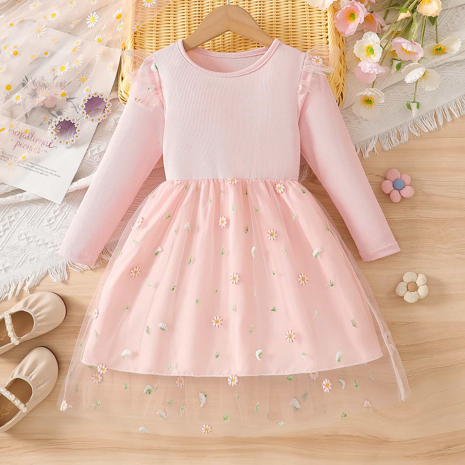 Rakuten - ワンピース 女の子 子供服 長袖 チュール 刺繍 花柄 膝丈 リブ フリル かわいい おしゃれ 春 秋 冬 カジュアル お出かけ お呼ばれ 発表会 誕生日 ギフト プレゼント プリンセス ドレス レー