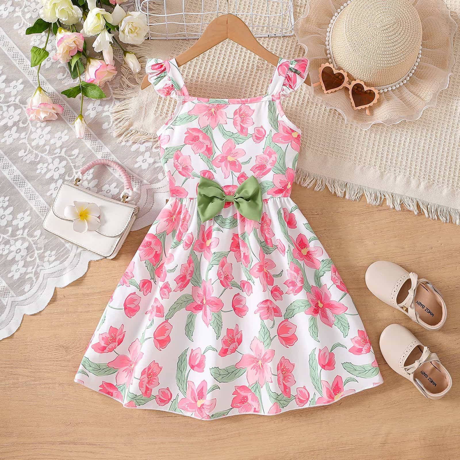 Rakuten - キッズ ワンピース 女の子 夏 子供服 夏服 ノースリーブ 花柄 肩フリル リボン Aライン フレア お出かけ カジュアル 普段着 通園 通学 旅行 リゾート ビーチ プール ウェア 涼しい かわいい