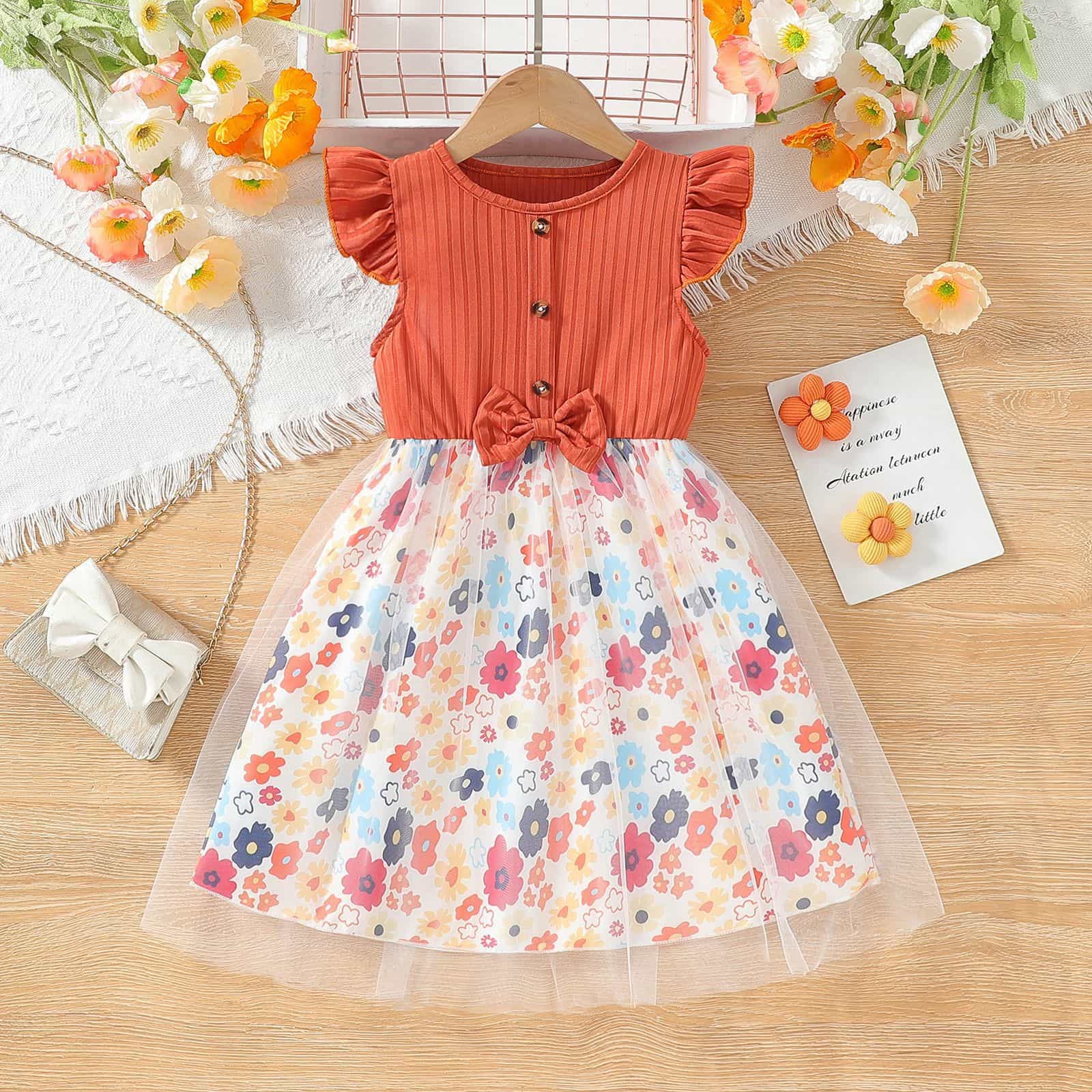 Dresses - 子供服 女の子 ワンピース 半袖 キッズ ドレス 花柄 切り替え チュールスカート フリル 柔らかい ガールズ お出かけ 発表会 結婚式 通園 通学 普段着 チュチュ リボン ボタン 涼しい 春 夏