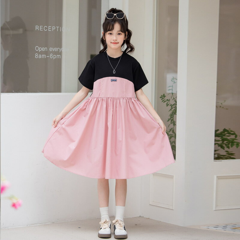 Rakuten - 子供服 ワンピース 女の子 半袖 フレア チュニック 切り替え カジュアル キッズ ドレス 柔らかい 通気性 通園 通学 春 夏 秋 普段着 おしゃれ かわいい ガールズ スカート