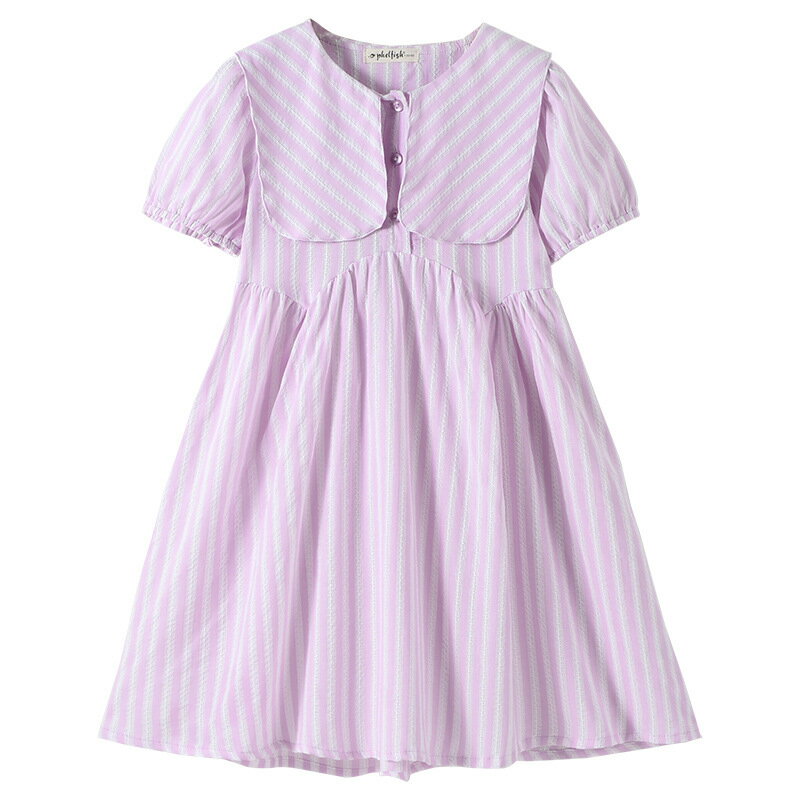 子供服 女の子 ワンピース 半袖 セーラー襟 小学生 ストライプ パフスリーブ キッズ ジュニア 夏 通学 発表会 お出かけ ふんわり Aライン 可愛い 膝丈 ガールズ 夏服 カジュアル 上品