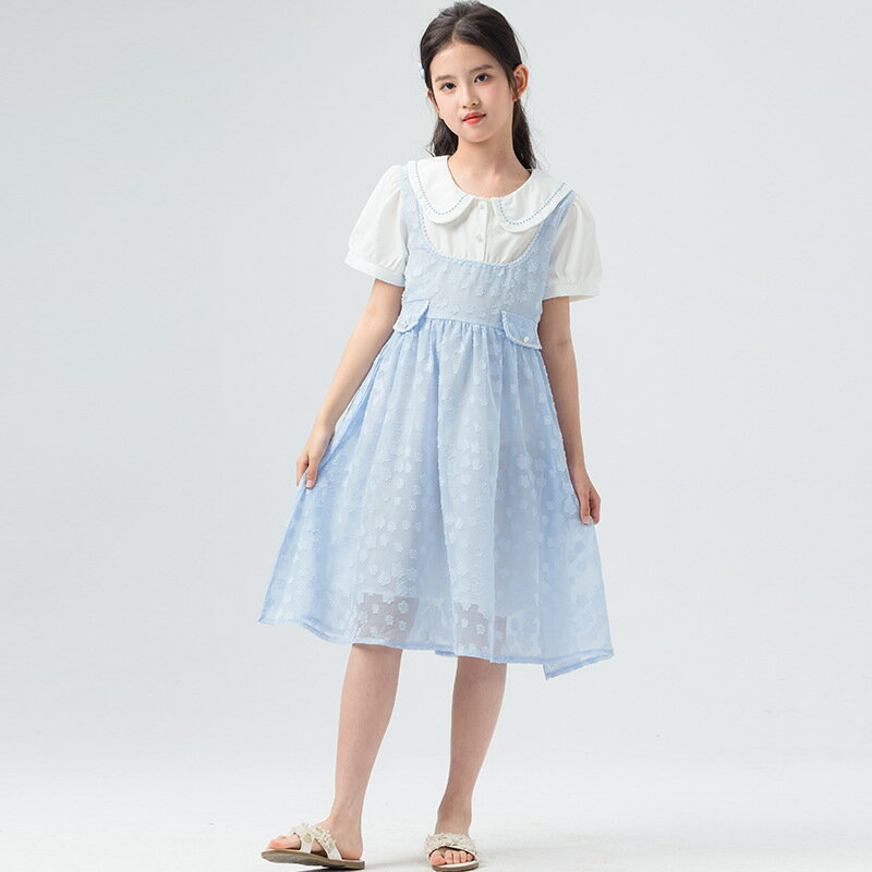 子供服 ワンピース 女の子 発表会 重ね着風 お嬢様 丸襟 シフォン プリンセス 膝丈 ガールズ 夏 かわいい お出かけ 通学 普段着 結婚式 涼しい ひざ丈 ふんわり 透け感 清楚 上品 半袖 カジ