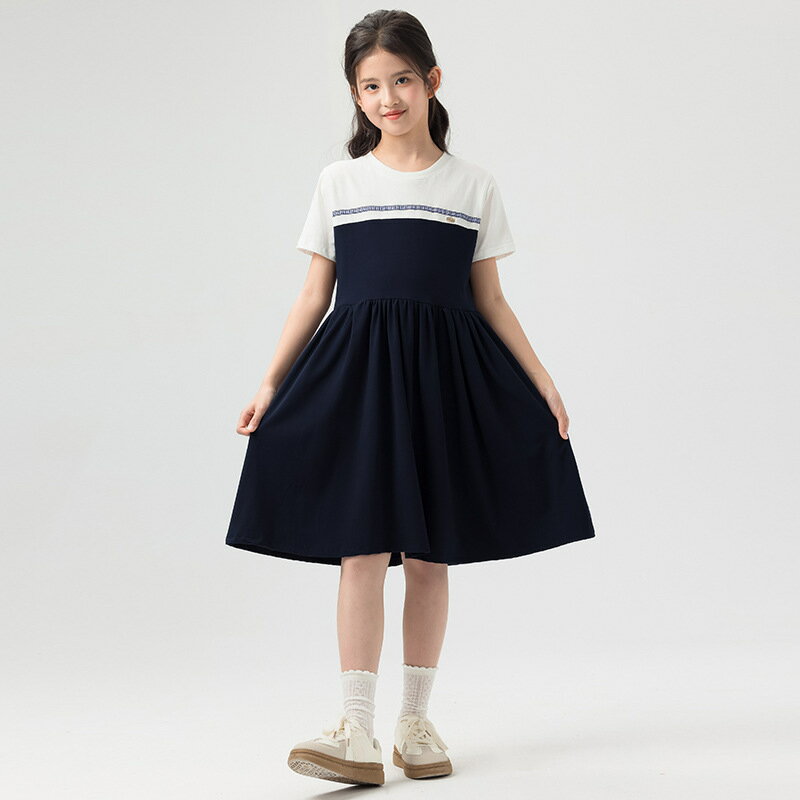 Rakuten - 子供服 女の子 ワンピース 学院風 半袖 ドッキングワンピース 膝丈 小学生 ジュニア Aライン フレア コットン 柔らかい 通気性 カジュアル 普段着 通学 入園式 お出かけ 春 夏 発表会 かわい
