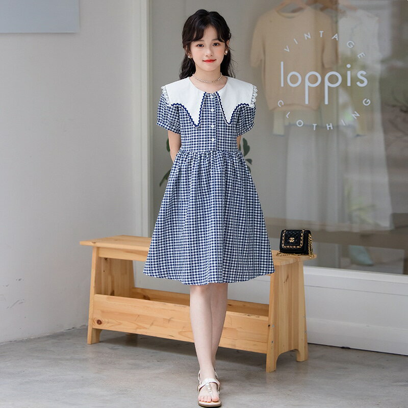 Dresses - ワンピース 女の子 子供服 ギンガムチェック 襟付き 半袖 キッズ 夏 お出かけ 通学 小学生 発表会 可愛い お洒落 清潔感 レース パフスリーブ 前開き コットン 膝丈 上品 涼しい 清楚 ガール