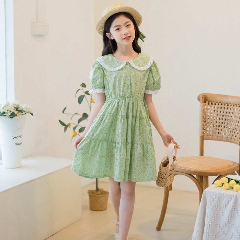 Rakuten - ワンピース 女の子 キッズ 子供服 小学生 半袖 小花柄 丸襟 パフスリーブ ティアード 膝丈 Aライン ふんわり おしゃれ 可愛い カジュアル 夏 普段着 通学 旅行 発表会 ガールズ ジュニア 涼