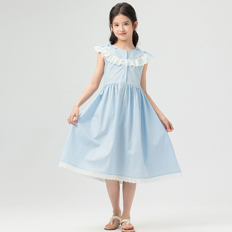 子供服 ワンピース 女の子 ノースリーブ レース フリル襟 Aライン プリンセス 膝丈 涼しい 可愛い 通園 通学 お出かけ 夏用 綿混 清涼感 裏地なし ガーリー 発表会 誕生日 普段着 清楚 爽や