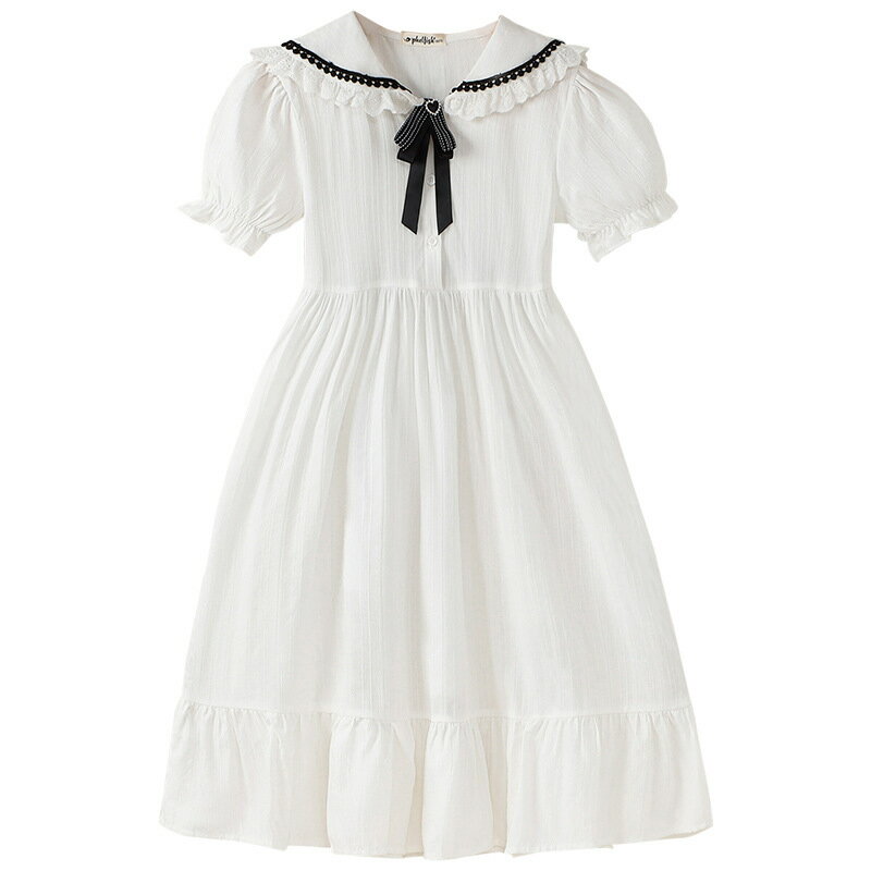 Dresses - キッズ ワンピース 女の子 半袖 セーラーカラー リボン 襟付き パフスリーブ Aライン フレア 膝丈 チュニック 子供服 ガールズ 小学生 中学生 通学 お出かけ 発表会 フォーマル 清楚 可愛い