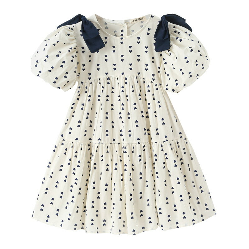 樂天商城 - ワンピース 女の子 子供 ハート柄 パフスリーブ バルーン袖 夏用 半袖 夏服 ガールズ キッズ 発表会 お出かけ エアリー ふわふわ ティアード 通気性 綿麻風 涼しい ガーリー 裏地付き 子供服