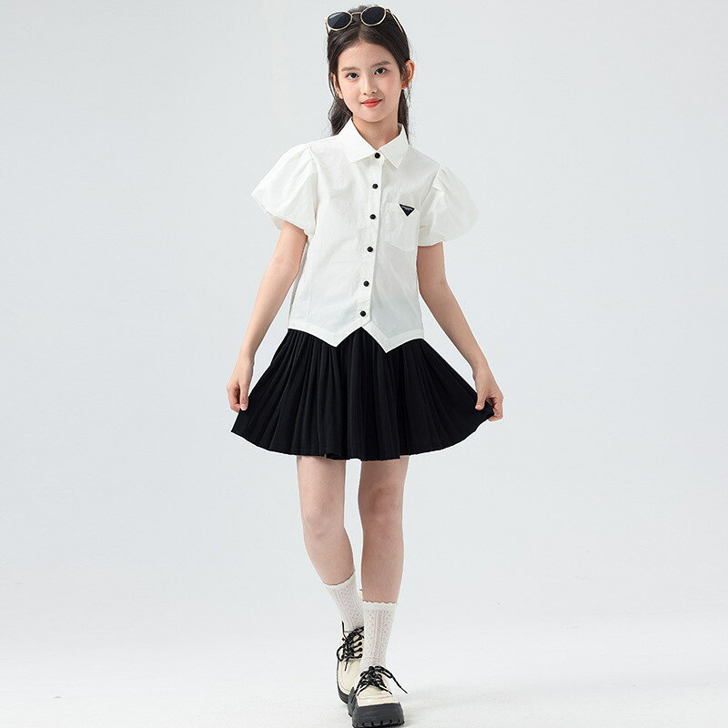 キッズ服 女の子 セットアップ パフスリーブ シャツ プリーツスカート 2点セット アカデミー風 通園 通学着 お出かけ おしゃれ 可愛い カジュアル 春 夏 フォーマル 子供服 洋服 発表会 上下セ