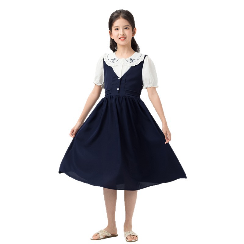 Dresses - 子供服 女の子 ワンピース 半袖 丸襟 刺繍 フォーマル ピアノ 発表会 清楚 入学式 卒業式 冠婚葬祭 お受験 通学 お出かけ 夏 キッズ ドレス ジュニア フレア 膝丈 aライン 学院風 かわいい