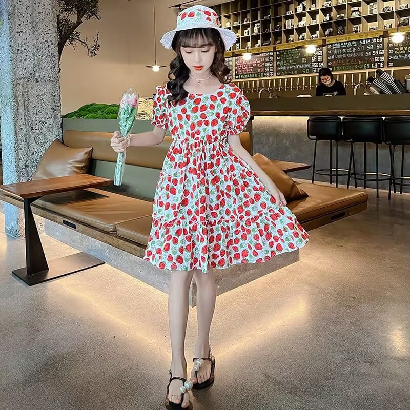 乐天商城 - 子供服 ワンピース 女の子 半袖 いちご柄 ティアード チュニック キッズ パフスリーブ バックリボン プリンセス ドレス 膝丈 夏 涼しい 普段着 お出かけ 通園 通学 可愛い 総柄 綿 柔らかい