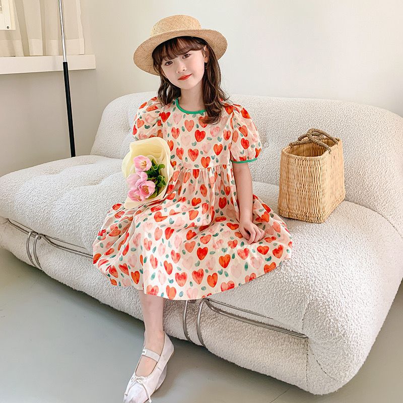 Dresses - 子供服 女の子 ワンピース 夏 半袖 パフスリーブ ハート柄 総柄 かわいい プリンセス お出かけ 通園 通学 発表会 誕生日 ギフト プレゼント ガールズ ジュニア