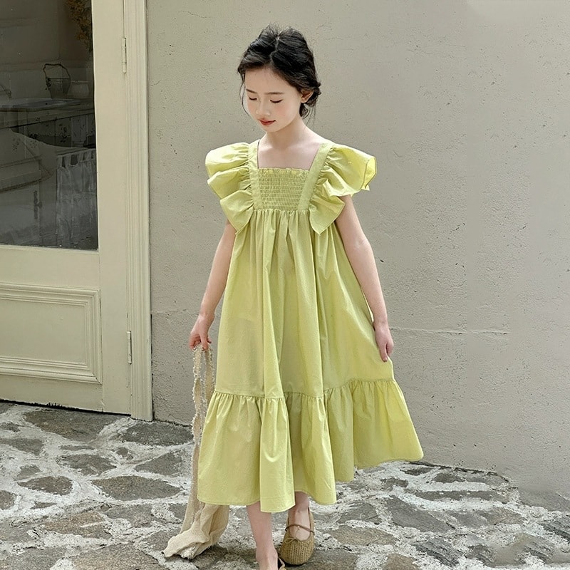 Rakuten - 子供服 女の子 ワンピース 夏 キッズ ロングワンピース ティアード フリル袖 スクエアネック シャーリング フレア ジュニア Aライン 半袖 お出かけ 通学 通園 普段着 子供ドレス 涼しい おしゃ