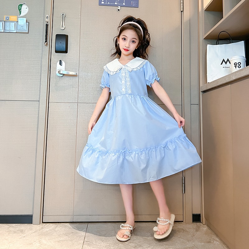 乐天商城 - 子供服 ワンピース レース襟 半袖 プリツスカート ワンピ 女の子 幼児 夏服 カジュアル 発表会 通園 通学 入学式 モデル 撮影 お姫様 膝丈 清楚 可愛い フェミニン ガーリー フレア フリル