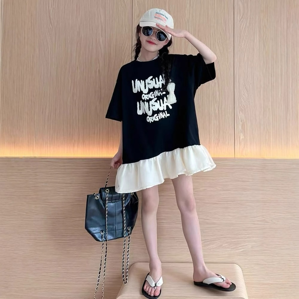 ワンピース 女の子 子供服 Tシャツワンピース 切替 裾フリル ロゴ 半袖 ビッグシルエット パフスリーブ チュニック カジュアル 夏服 可愛い 通園 通学 普段着 お出かけ キッズ ジュニア 110