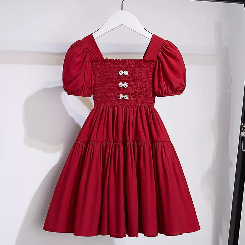 Rakuten - 子供 ワンピース 女の子 夏服 半袖 プリンセス ドレス 子供服 ガールズ パフスリーブ シャーリング リボン ティアード 膝丈 お出かけ 発表会 結婚式 通園 通学 普段着 かわいい おしゃれ 涼し