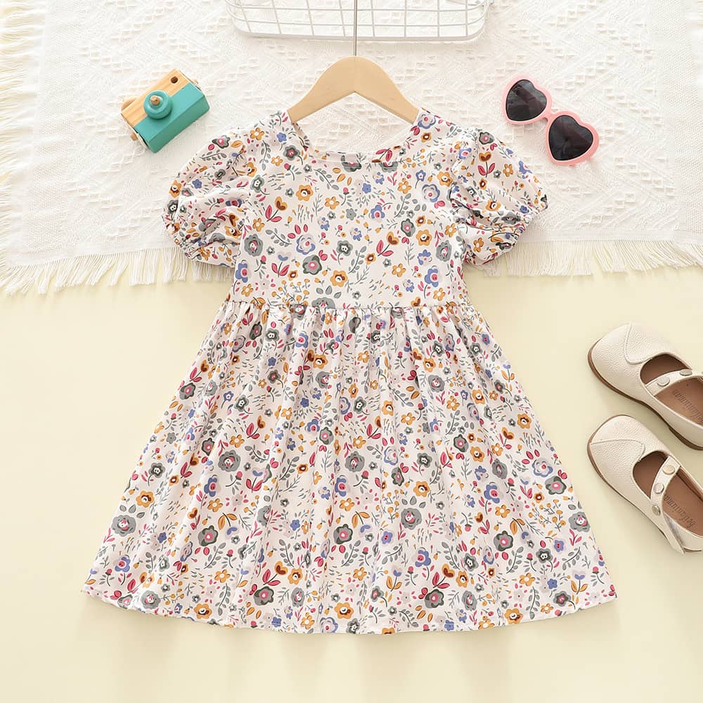キッズワンピース 子供服 花柄 パフスリーブ Aライン 可愛い カジュアル 綿 半袖 柔らかい 夏物 ガールズ チュニック お出かけ 普段着 清潔感 フェミニン 総柄 ふんわり 春夏 お呼ばれ