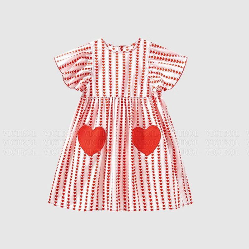 Rakuten - ワンピース 女の子 子供服 キッズ ガールズ 半袖 ハート柄 フリル袖 Aライン 膝丈 コットン 柔らかい 通園 通学 発表会 お出かけ 夏服 春物 かわいい おしゃれ ゆったり 総柄 人気 普段着