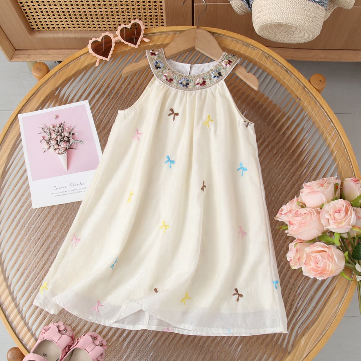 Dresses - 子供服 女の子 ワンピース ノースリーブ 花柄 刺繍 リボン 膝丈 ソフト チュール Aライン ドレス お出かけ 発表会 結婚式 フォーマル お呼ばれ カジュアル 春 夏 清涼感 清楚 かわいい ふん