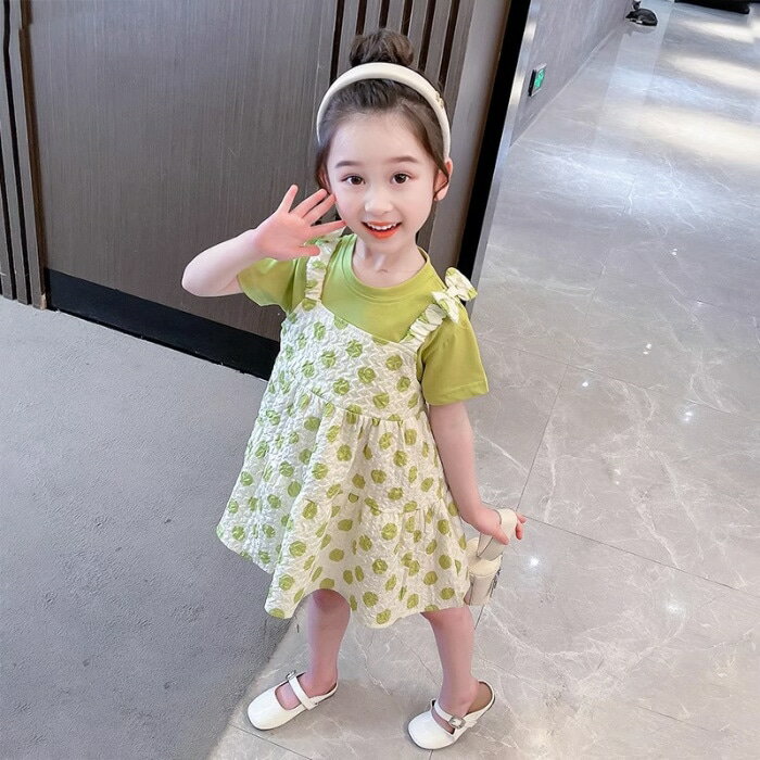 Rakuten - 女の子 ワンピース 重ね着風 子供服 夏服 ジャンパースカート ポップコーン カジュアル お出かけ フリル リボン かわいい お洒落 ふんわり ぽこぽこ さわやか 通園 通学 カジュアル