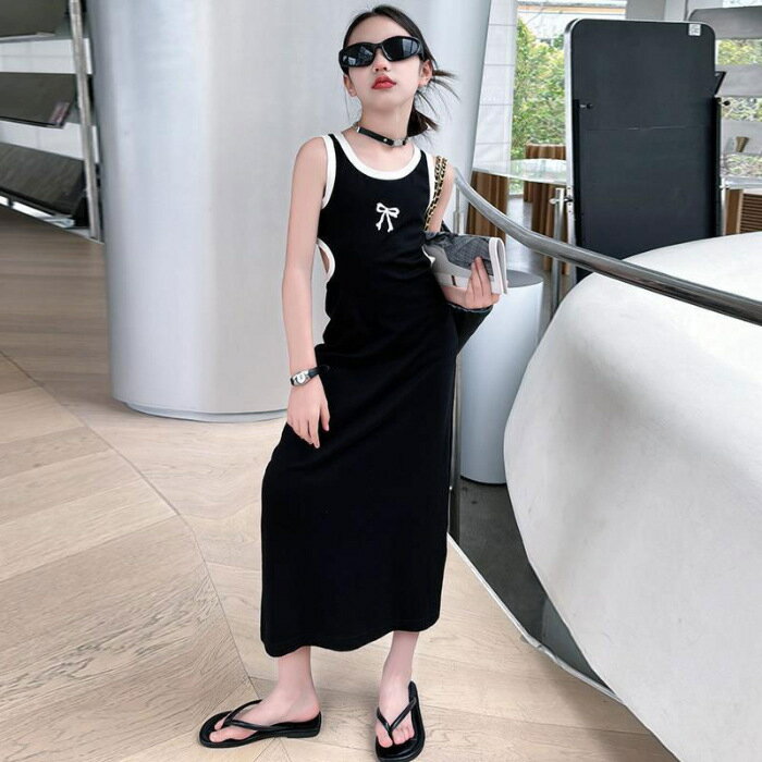 乐天商城 - キッズ ワンピース 女の子 子供服 ロング丈 ノースリーブ ウエストカット 夏服 少女 カジュアル ストリート リボン バイカラー 涼しい 可愛い 大人っぽい 通学 お出かけ 旅行 110 120 1