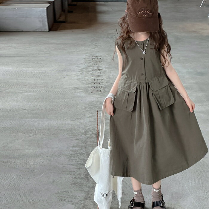 Rakuten - 子供服 ワンピース 女の子 ワークドレス ノースリーブ Aライン ガールズ キッズ ジュニア 丸首 前ボタン カーゴポケット付き ロング丈 ミモレ丈 カジュアル 夏 お出かけ 通園 通学 旅行 普段着