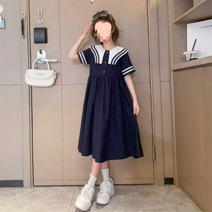 Dresses - ワンピース 女の子 キッズ セーラーカラー 前ボタン 子供服 ドレス カジュアル 夏服 清楚 ゆったり 涼しい 半袖 肩出し ふんわり 通学 学園祭 夏用 可愛い 着痩せ 子ども服 夏物 Aライン フ
