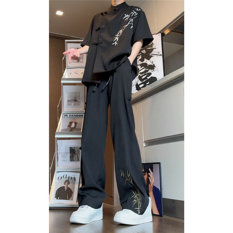 樂天商城 - チャイナ服 セットアップ メンズ 半袖 龍 笹 刺繍 功夫 部屋着 カンフーシャツ ワイドパンツ シルク風 とろみ 涼しい スタンドカラー 上下セット ゆったり 夏用 カジュアル ルームウェア ストリ