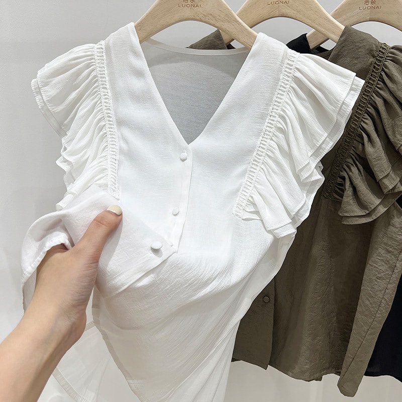 ブラウス 女の子 シャツ 子供服 フリル エンジェルスリーブ Vネック トップス ボタンタイプ フランス風 薄手 涼しい 通園 通学 お出かけ 遠足 お洒落 可愛い 吸汗速乾 清涼 半袖 レース 10