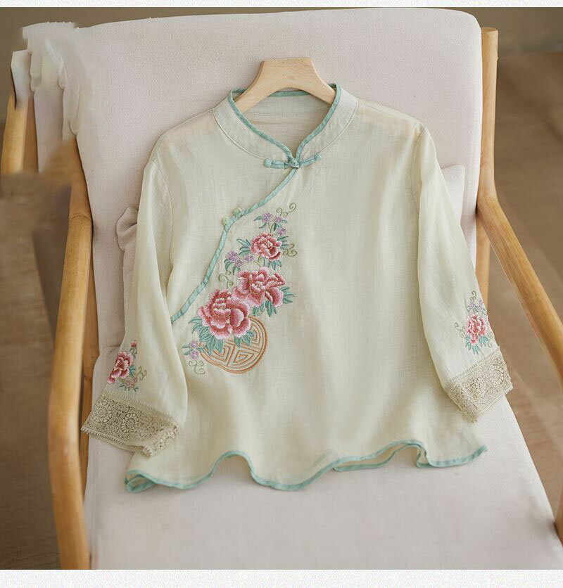 ブラウス刺繍シャツチャイナ風トップ...
