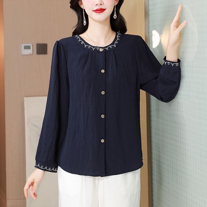 Rakuten - ブラウス レディース 刺繍 長袖 トップス 綿麻混 シャツ クルーネック 前開き ゆったり チュニック 体型カバー カジュアル エスニック おしゃれ 上品 ミセス シニア 春 秋