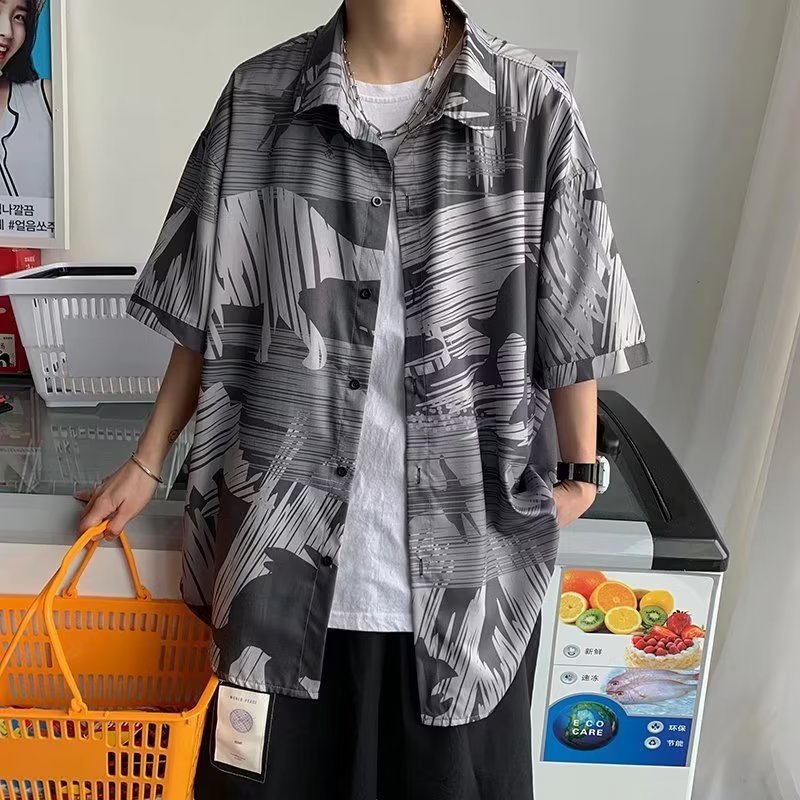 樂天商城 - メンズ 半袖 シャツ オーバーサイズ ビッグシルエット ゆったり 総柄 アート レトロ ヴィンテージ ストリート系 トップス 襟付き カジュアル ファッション 軽い 涼しい 薄手 リゾート ビーチ か