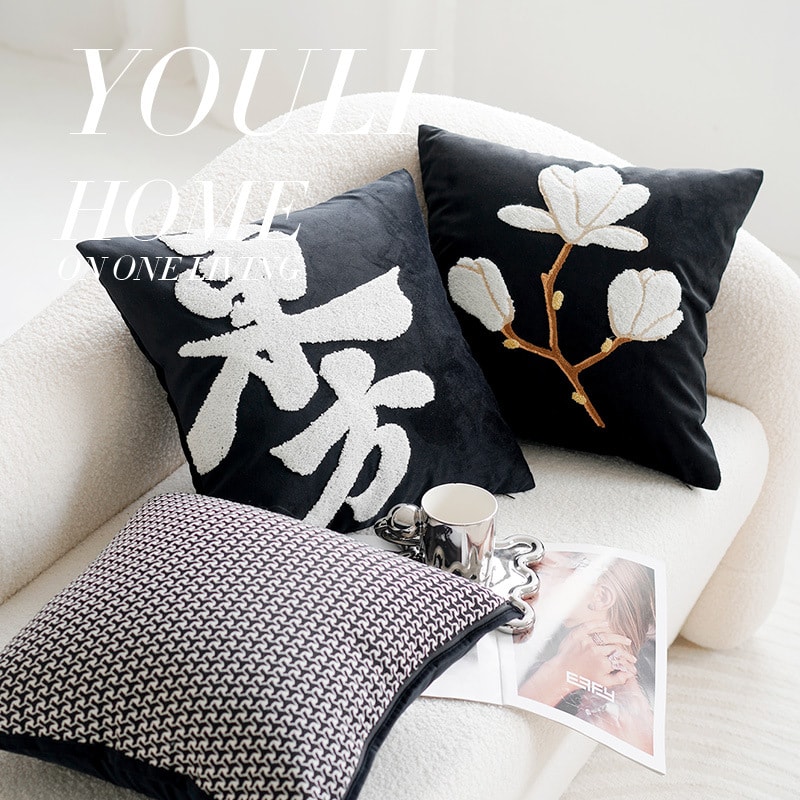 クッション 45x45 木蓮刺繍 エレガント ベルベット調 北欧 モダン おしゃれ インテ...