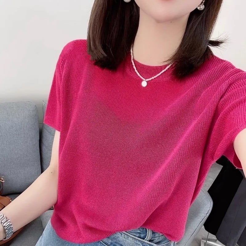 乐天商城 - ニット Tシャツ レディース アイスシルク 夏服 通気性 クルーネック プルオーバー 半袖 ブラウス 薄手 サマーニット 接触冷感 きれいめ トップス 伸縮 カジュアル 無地 通勤 オフィス 涼しい