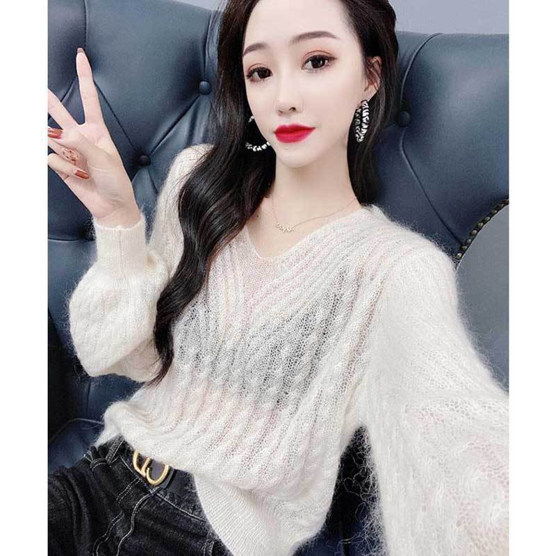 樂天商城 - ネック ニット レディース モヘア風 ふわふわ プルオーバー バルーンスリーブ オーバーサイズ 長毛 透け感 着痩せ おしゃれ カジュアル オフィス フェミニン 体型カバー 暖か 秋 冬 通勤 お出か