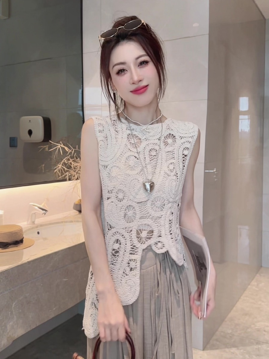 Garments - かぎ針編み トップス レディース 透かし編み ベスト ノースリーブ サマーニット レース 刺繍 セーター シアー チュニック 重ね着 おしゃれ きれいめ カジュアル リゾート 春 夏 秋