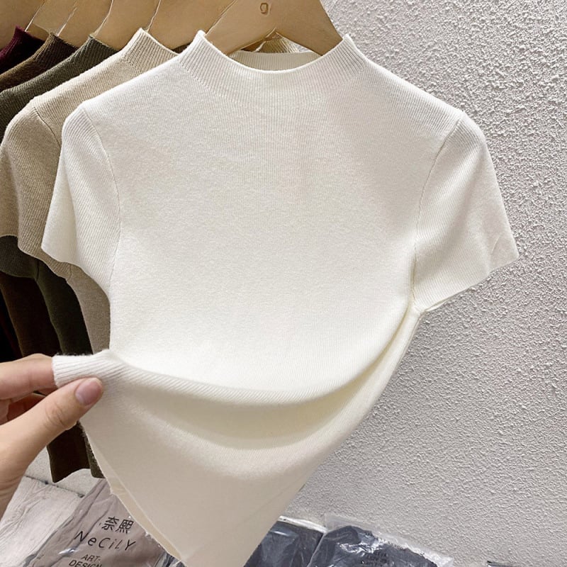 T-Shirts - サマーニット レディース トップス 半袖 ハイネック リブ カットソー モックネック ストレッチ 伸縮性 無地 きれいめ 上品 カジュアル 通勤 通学 インナー 春 夏 秋 春服 夏服