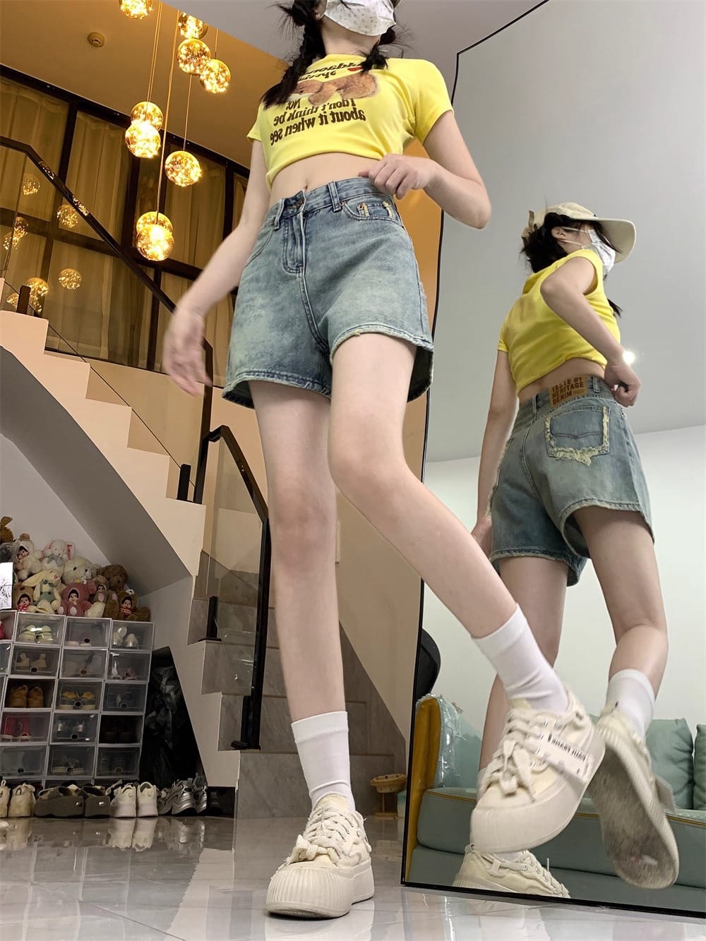 デニム ショートパンツ レディース ハイウエスト エーライン 切りっぱなし 美脚 着痩せ 短パン カジュアル レトロ アメカジ 夏 春 秋 ボトムス ワイド ゆったり ホットパンツ 裾フリンジ 脚長 comsys-r-10029583 Nartooston パッケージ画像