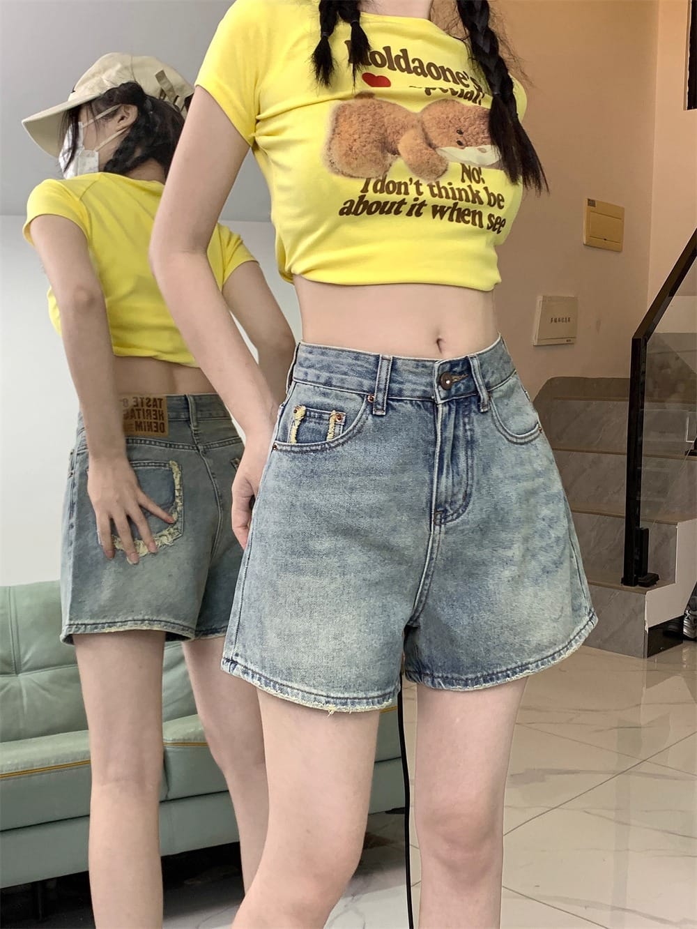 デニム ショートパンツ レディース ハイウエスト エーライン 切りっぱなし 美脚 着痩せ 短パン カジュアル レトロ アメカジ 夏 春 秋 ボトムス ワイド ゆったり ホットパンツ 裾フリンジ 脚長 comsys-r-10029583 Nartooston サンプル画像3