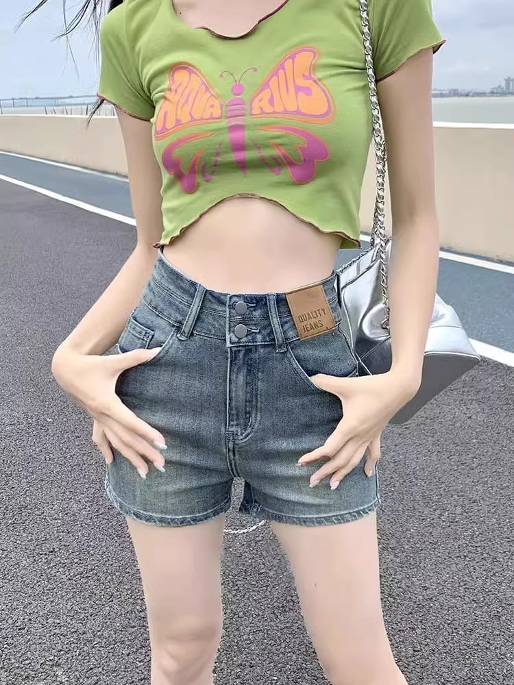 Rakuten - デニムショートパンツ レディース ハイウエスト 着痩せ Aライン パンツ ホットパンツ ショート丈 美脚 ズボン 夏 春夏 ジュアル 大きいサイズ 痩せ見え 快適 通気性 2ボタン ボトムス 短パン