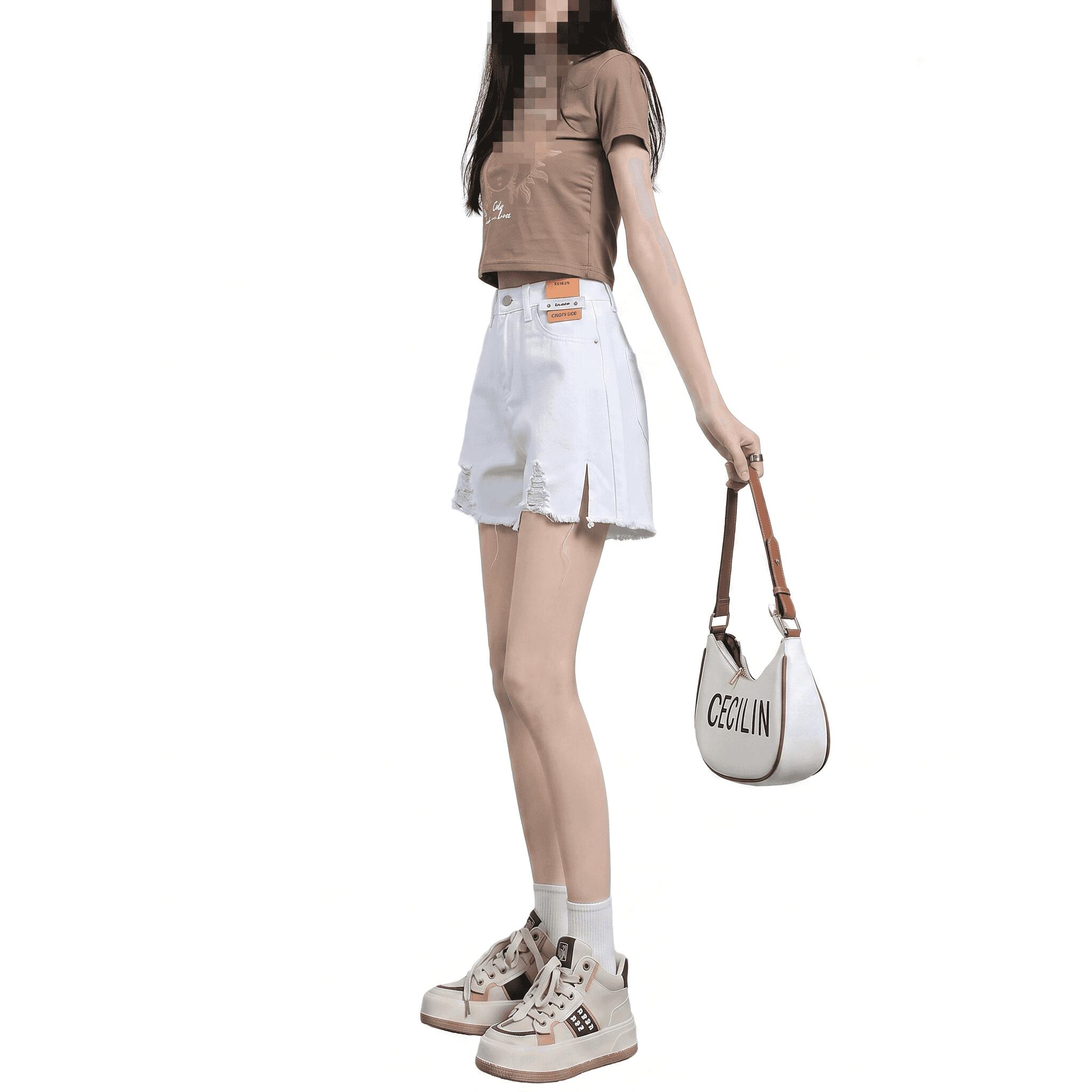 ショートパンツ レディース デニム ハイウエスト 膝上 短パン 裾フリンジ ジーンズ ゆったり ボトムス 裾広がり 美脚 脚長 着痩せ カジ..