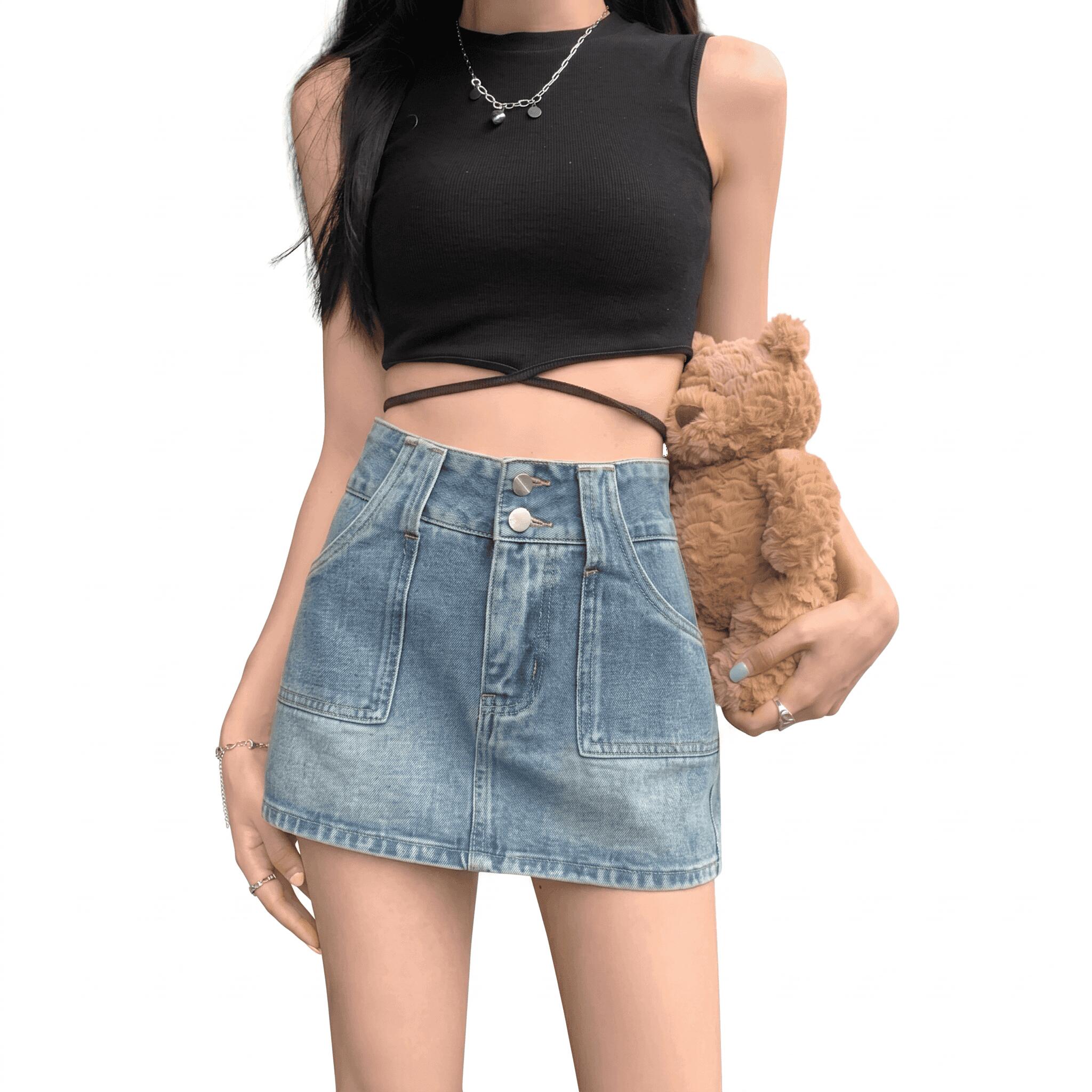 樂天商城 - デニムミニスカート レディース ハイウエスト Aライン ショートスカート ヴィンテージ加工 台形スカート フロントポケット 脚長効果 美脚 スリム シルエット カジュアル タイトスカート ギャル ファ