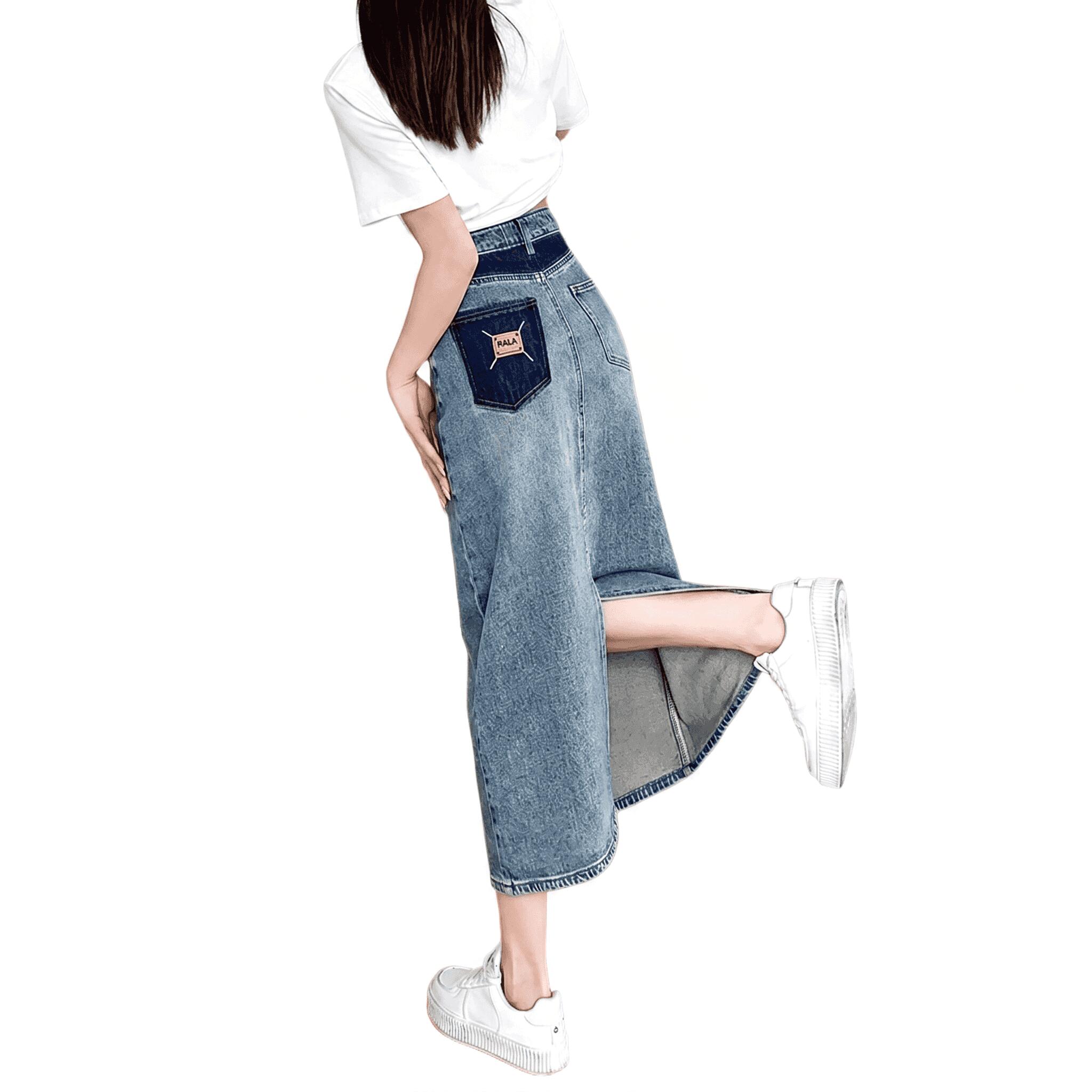 Rakuten - デニムスカート ロング マキシ丈 切り替え レディース スカート ジーパン風 ジーンズ ロングスカート マキシスカート タイト Aライン スリット バックスリット ハイウエスト 美脚 脚長 着痩せ 体型カバー 細見え 配色 パッチワーク ヴィンテージ風