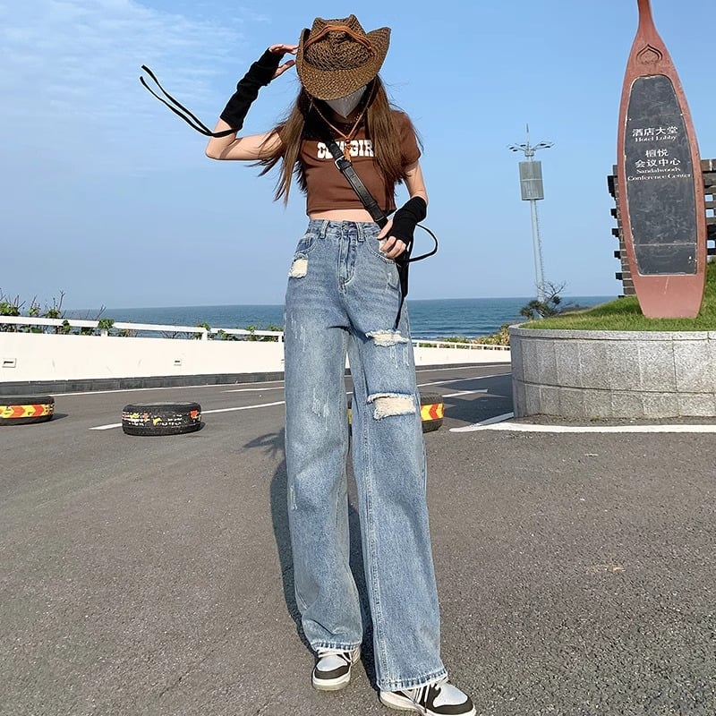 Rakuten - レディース デニムパンツ ダメージ クラッシュ ジーンズ ハイウエスト ワイド ストレート ジーパン ゆったり ボトムス ロング丈 脚長 美脚 ストリート カジュアル 柔らかい 履き心地 着痩せ 普段