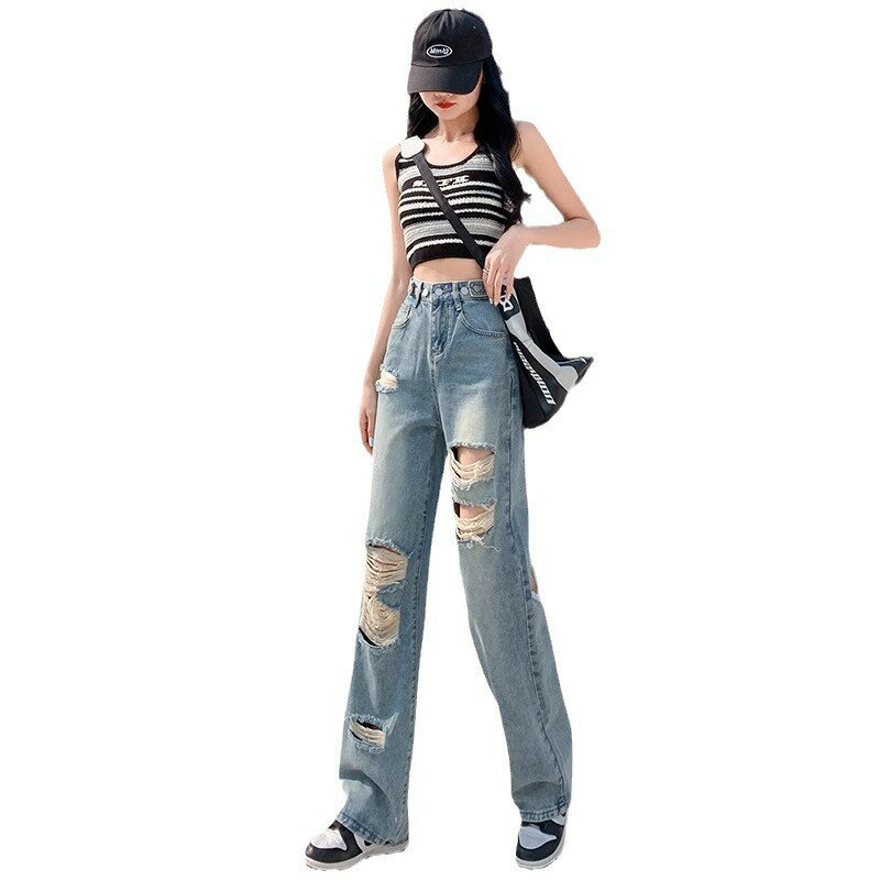【ヴィンテージ風】デニムパンツ レディース ジーンズ ジーパン ワイドパンツ ストレートパンツ ダメージジーンズ クラッシュ 穴あき ..
