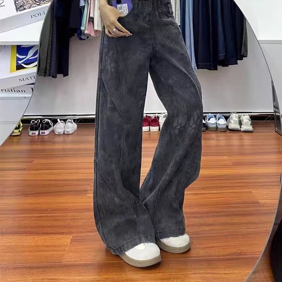 樂天商城 - ワイドパンツ デニム レディース ジーンズ ハイウエスト ストレートパンツ ジーパン ズボン ボトムス ヴィンテージ風 ウォッシュ加工 切り替え デザイン ゆったり 体型カバー 着痩せ 美脚 細見え 縦ライン ストリート系 10代 20代 30代 40代 おしゃれ