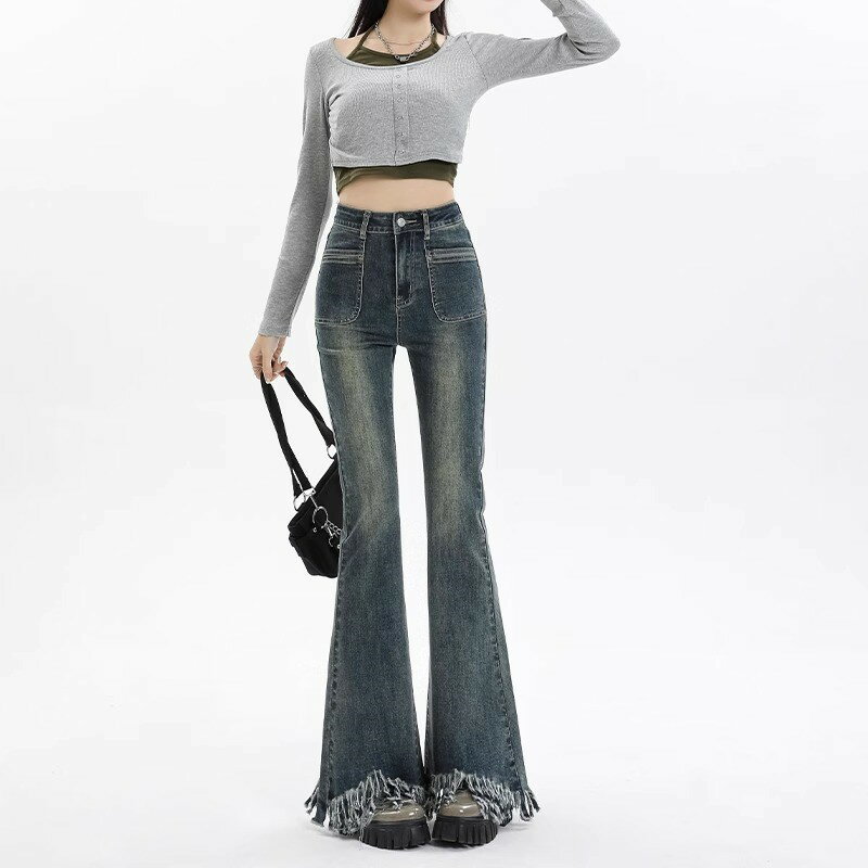 Cropped Pants - デニムパンツ レディース ベルボトム ジーンズ ジーパン ブーツカット ハイウエスト フリンジ 切りっぱなし ウォッシュ加工 伸縮 ロング 裾広がり ダメージ ポケット ストリート カジュアル アメカジ 着痩せ 体型カバー 細見え 美尻 春 夏 秋 冬