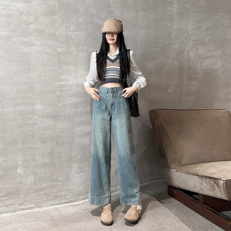 Rakuten - デニム ワイドパンツ レディース ハイウエスト ストレート ジーンズ ジーパン ズボン ボトムス ロング丈 体型カバー 着痩せ ゆったり フロントポケット ヴィンテージ風 カジュアル 大人可愛い きれいめ 通勤 30代 40代 春夏秋 ブルー