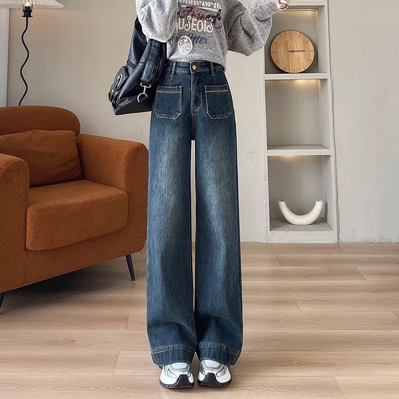 乐天商城 - ワイドパンツ デニム レディース ジーンズ ジーパン ハイウエスト ストレート 美脚 脚長 ズボン ボトムス デニムパンツ ゆったり 体型カバー 着痩せ ベイカー風 パッチポケット ロング ウォッシュ カジュアル おしゃれ 春夏秋冬 通学 通勤