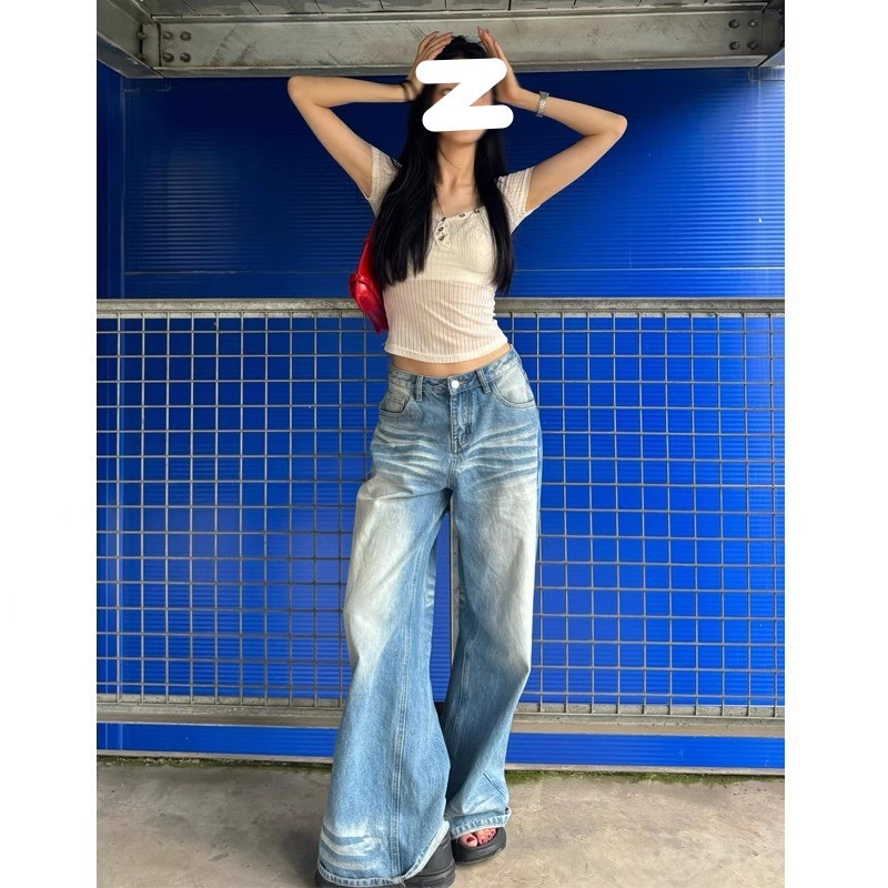 乐天商城 - デニム ワイドパンツ レディース ジーンズ ハイウエスト ストレート バギーパンツ ジーパン ボトムス ズボン ゆったり 脚長 美脚 ウォッシュ加工 ユーズド風 ヴィンテージ風 ヒゲ加工 カジュアル ストリート Y2K 韓国ファッション ロング丈 着痩せ